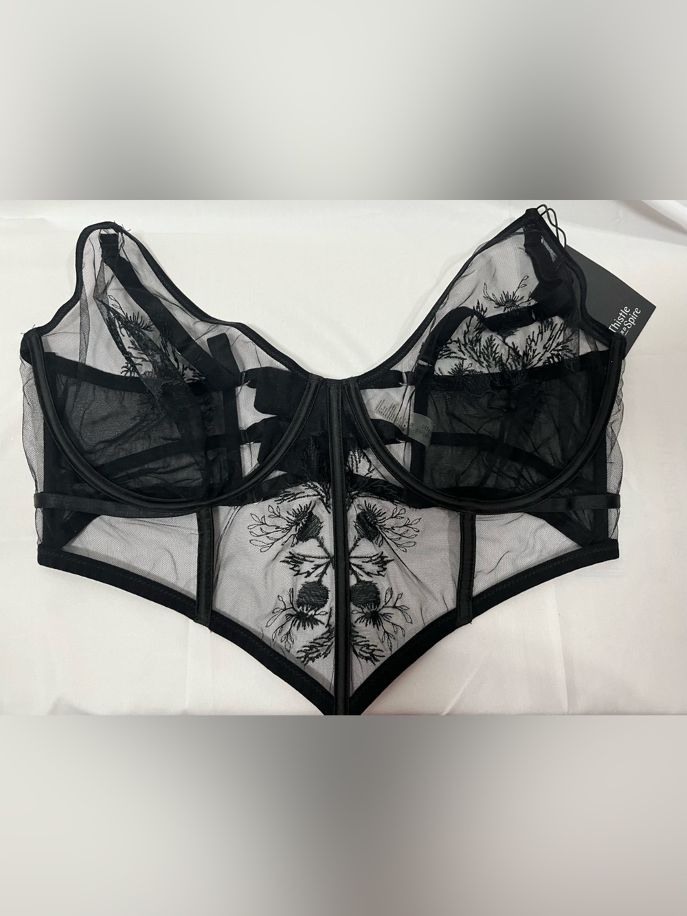 Thistle and Spire Black Sheer Embroidered Longline Underwire Bra